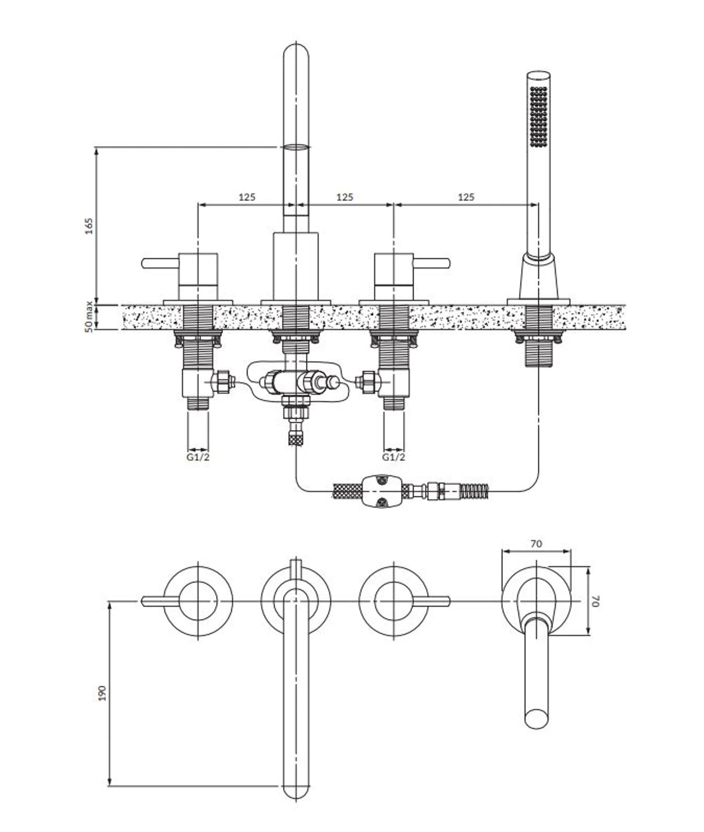 Rysunek techniczny baterii Omnires Y1232BL 4-otworowej