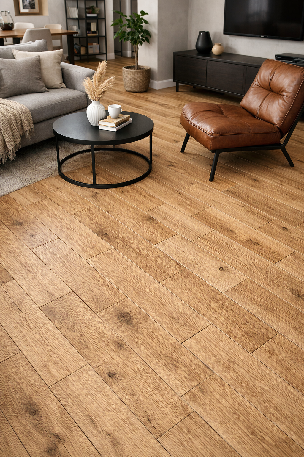 Podłoga z płytek Cersanit Original Wood Brown w salonie